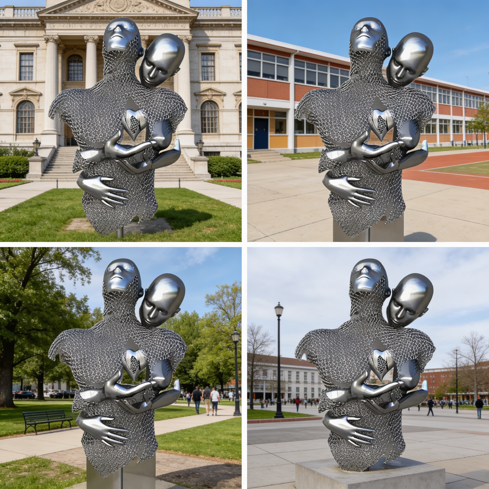 Collage of a metal sculpture of two embracing figures in front of different buildings.