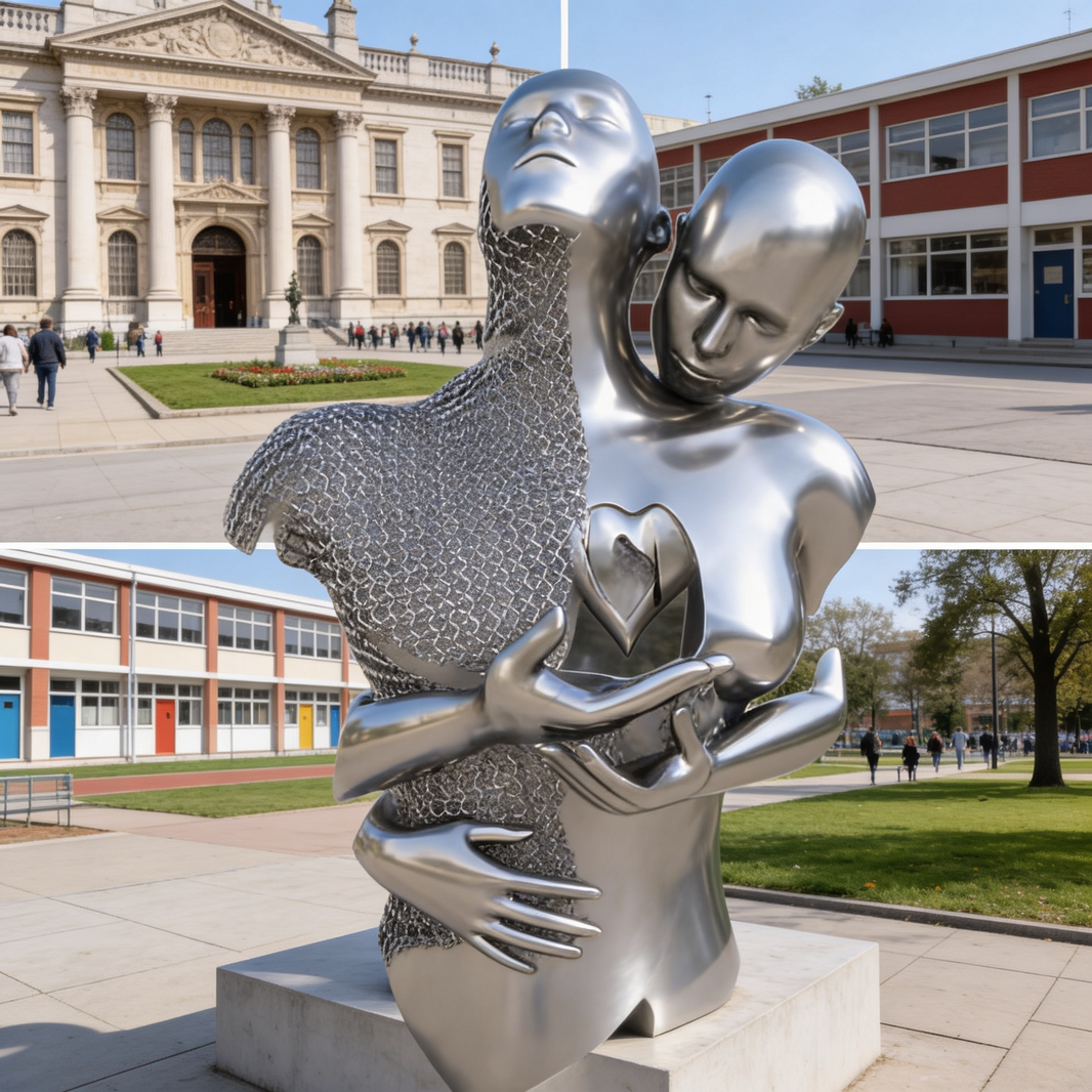 Polished metallic abstract sculpture of two intertwined human figures, featuring reflective surfaces and a hollow heart‑shaped opening