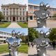 Collage of a silver sculpture of two people embracing in front of a building.