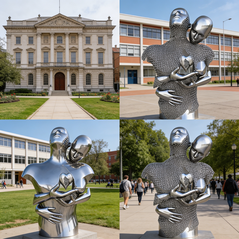 Collage of a silver sculpture of two people embracing in front of a building.
