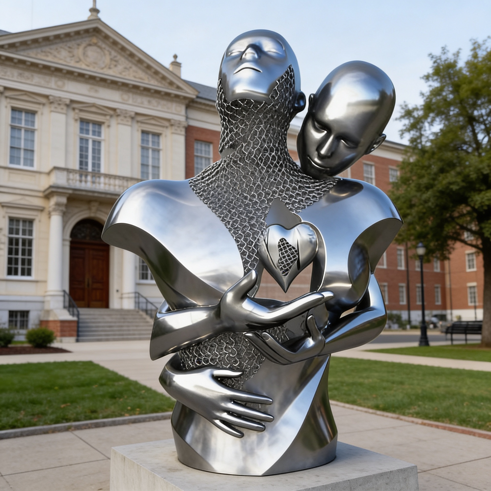 Metallic sculpture of two embracing figures in front of a building