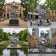 Collage of a modern sculpture in various urban settings