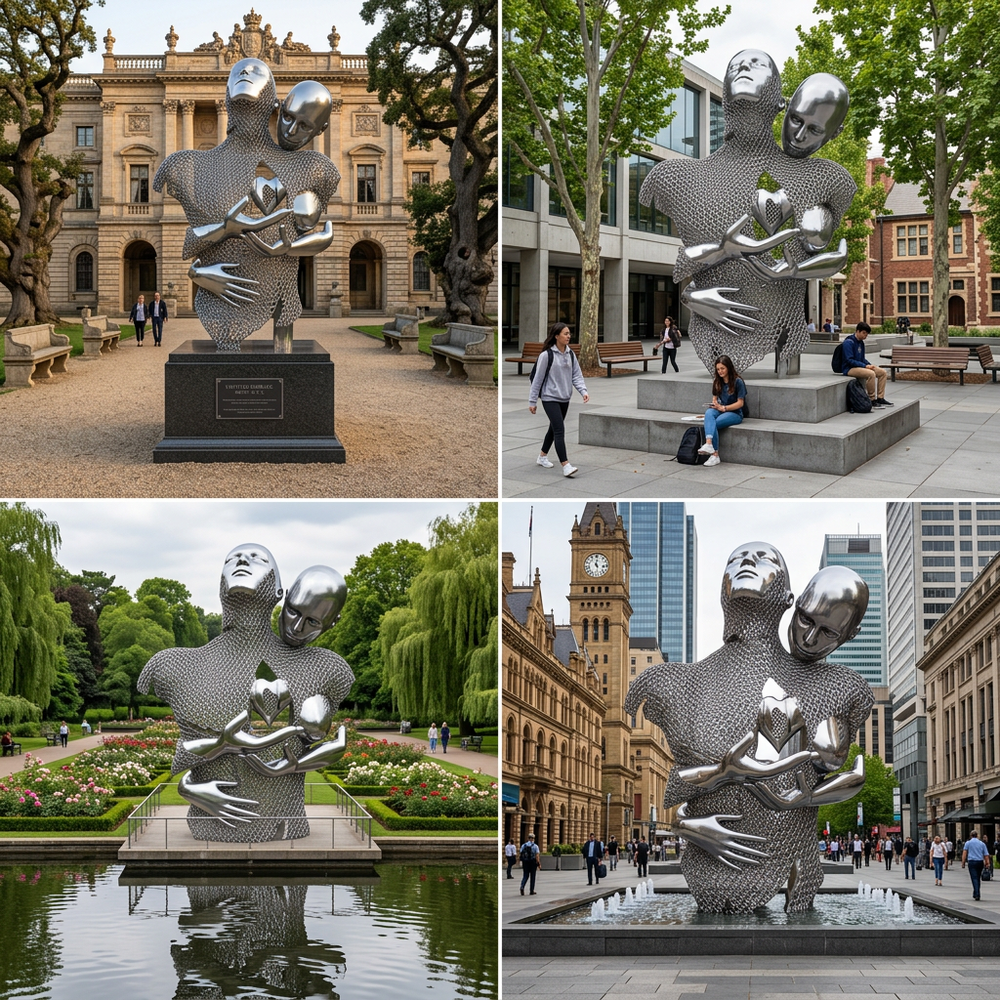 Collage of a modern sculpture in various urban settings
