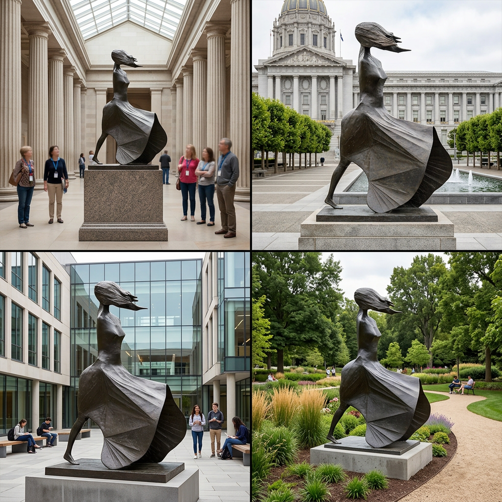 Collage of a sculpture in various outdoor settings including a building, park, and plaza.

Abstract walking‑woman sculpture with smooth angular folds and dynamic movement