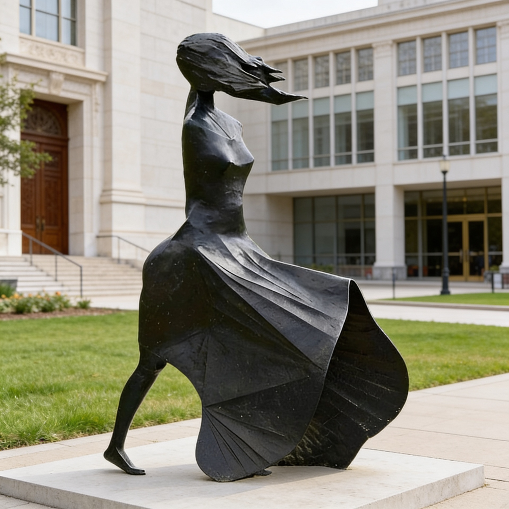 Contemporary bronze‑finish sculpture of a woman with wind‑swept hair and flowing dress.