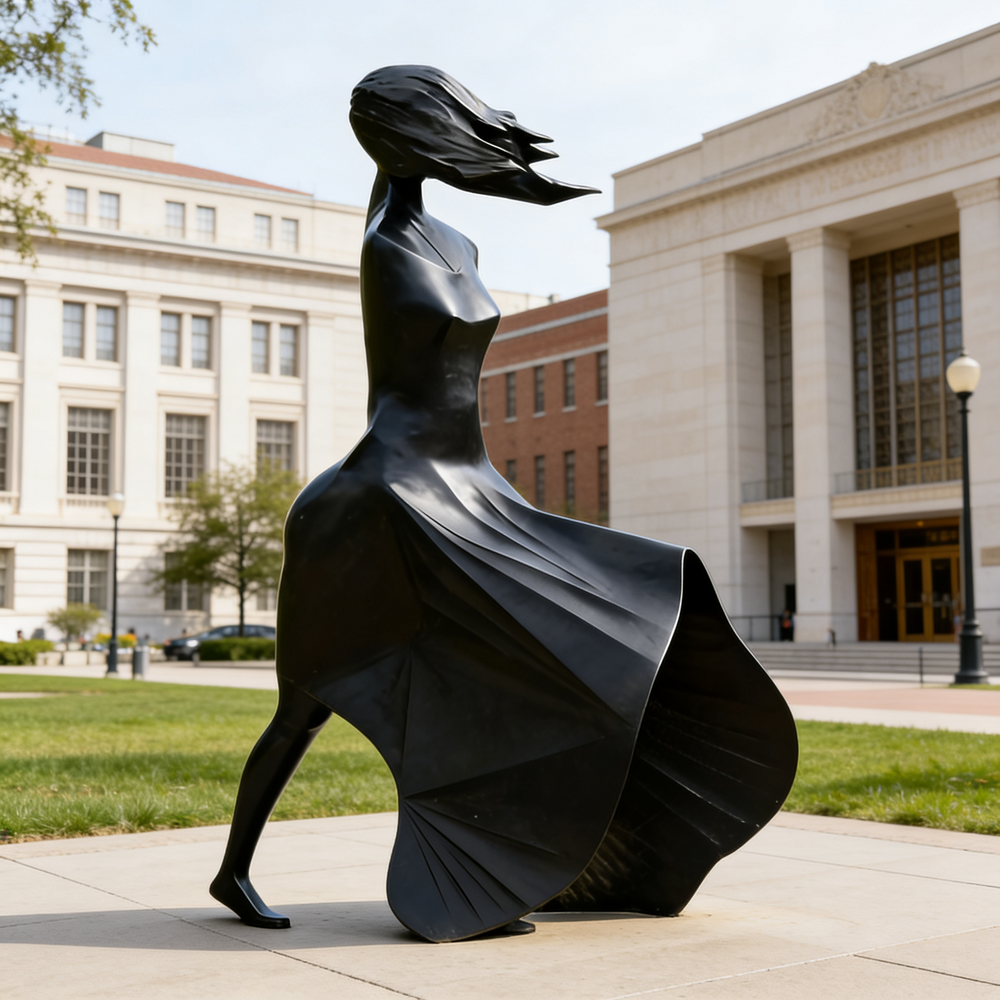 Bronze‑tone abstract woman sculpture with smooth curves and a dynamic walking pose