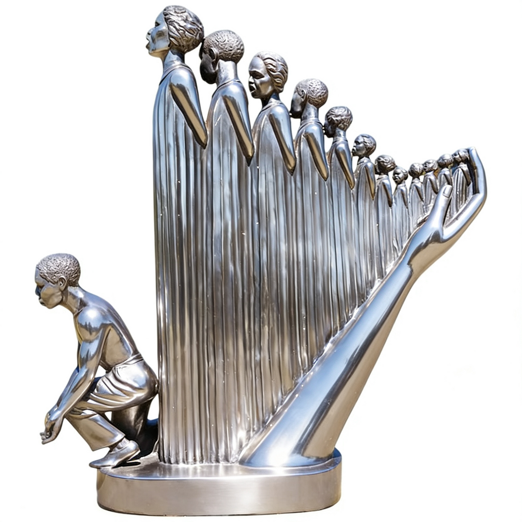 Silver sculpture of a harp with human figures on a white background
Polished metal sculpture of human figures rising from an open hand in a progression sequence