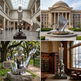 Collage of statues in various settings including a museum, outdoor park, and library.
Polished silver‑tone sculpture featuring human progression emerging from an open hand
