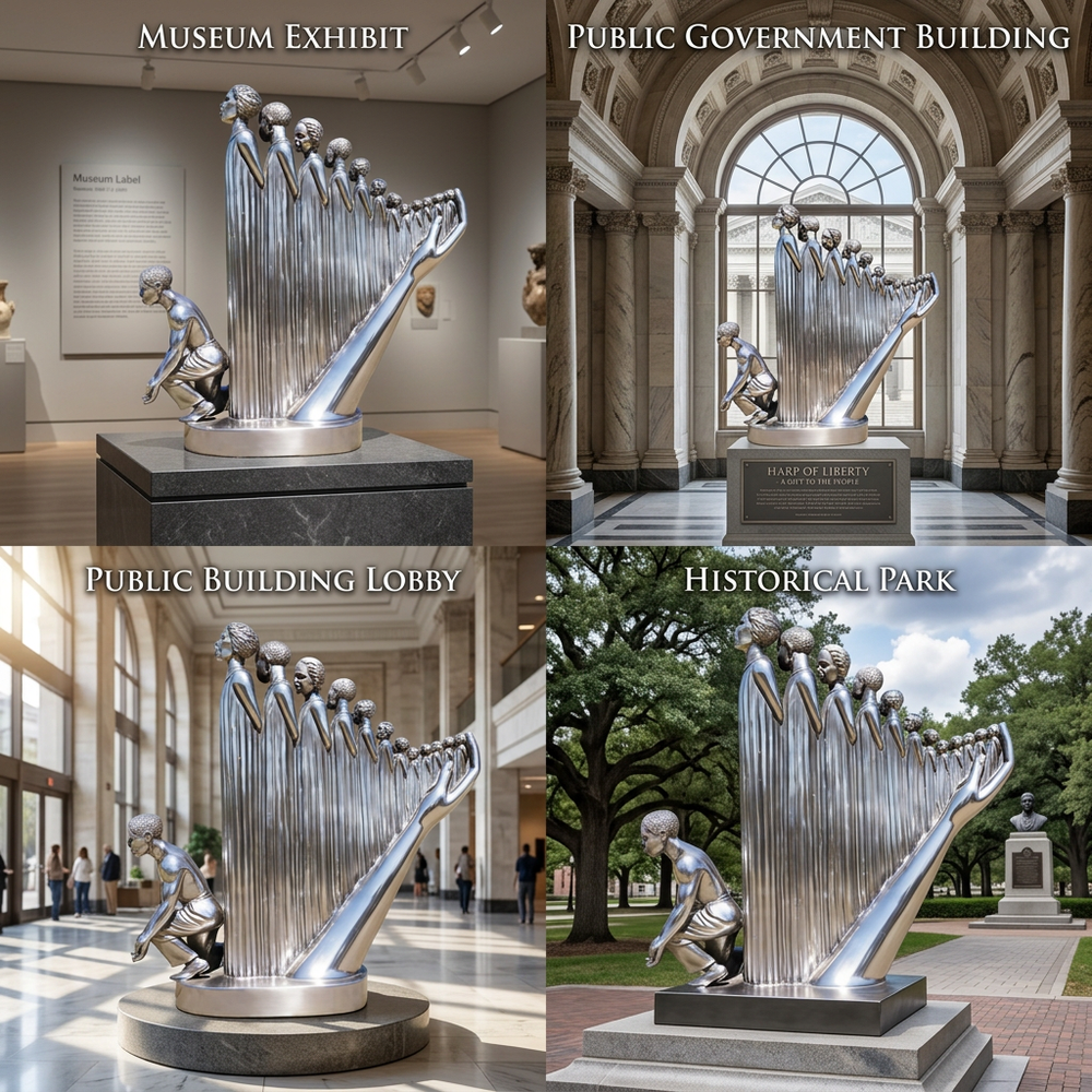 Collage of a silver sculpture in different settings: museum exhibit, public government building, public building lobby, and historical park.