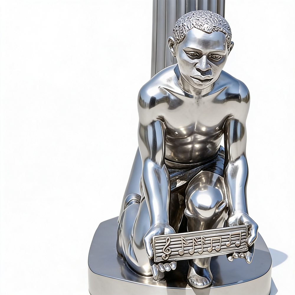 Contemporary metal artwork of rising human figures formed on a polished hand base