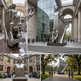 Collage of a large bronze sculpture in various settings, including indoors and outdoors.
Abstract evolution sculpture with figures transitioning from crouched to upright positions