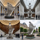 Modern reflective sculpture depicting human development emerging from a large hand