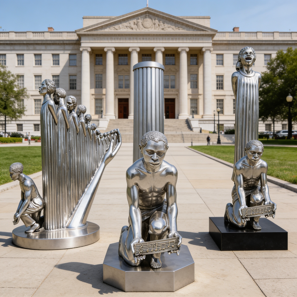 Metallic sculptures in front of a large building with columns
Abstract polished metal evolution piece with ascending figures and reflective surfaces