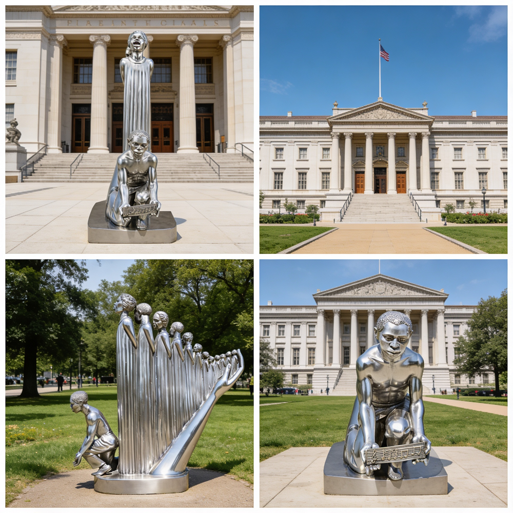 Collage of statues and a large building with columns.
Symbolic metal sculpture of human growth rising from a stylized hand structure