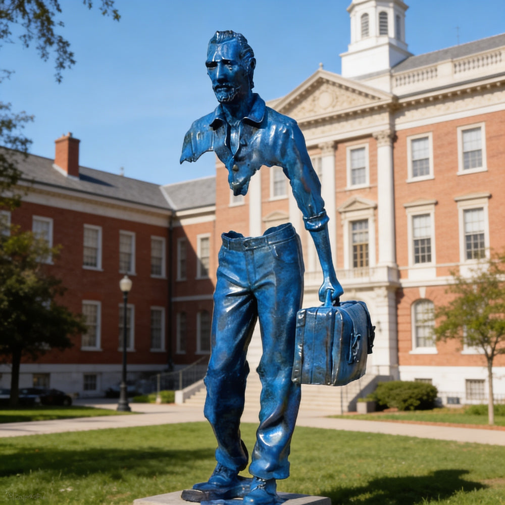 Blue statue of a person holding a suitcase in front of a brick building