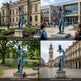 Collage of a blue statue in various settings including a historical building, school campus, public park, and historical square.