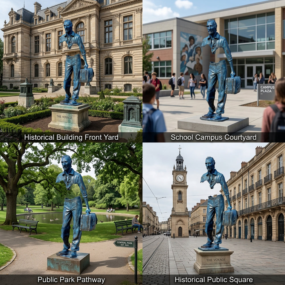 Collage of a blue statue in various settings including a historical building, school campus, public park, and historical square.