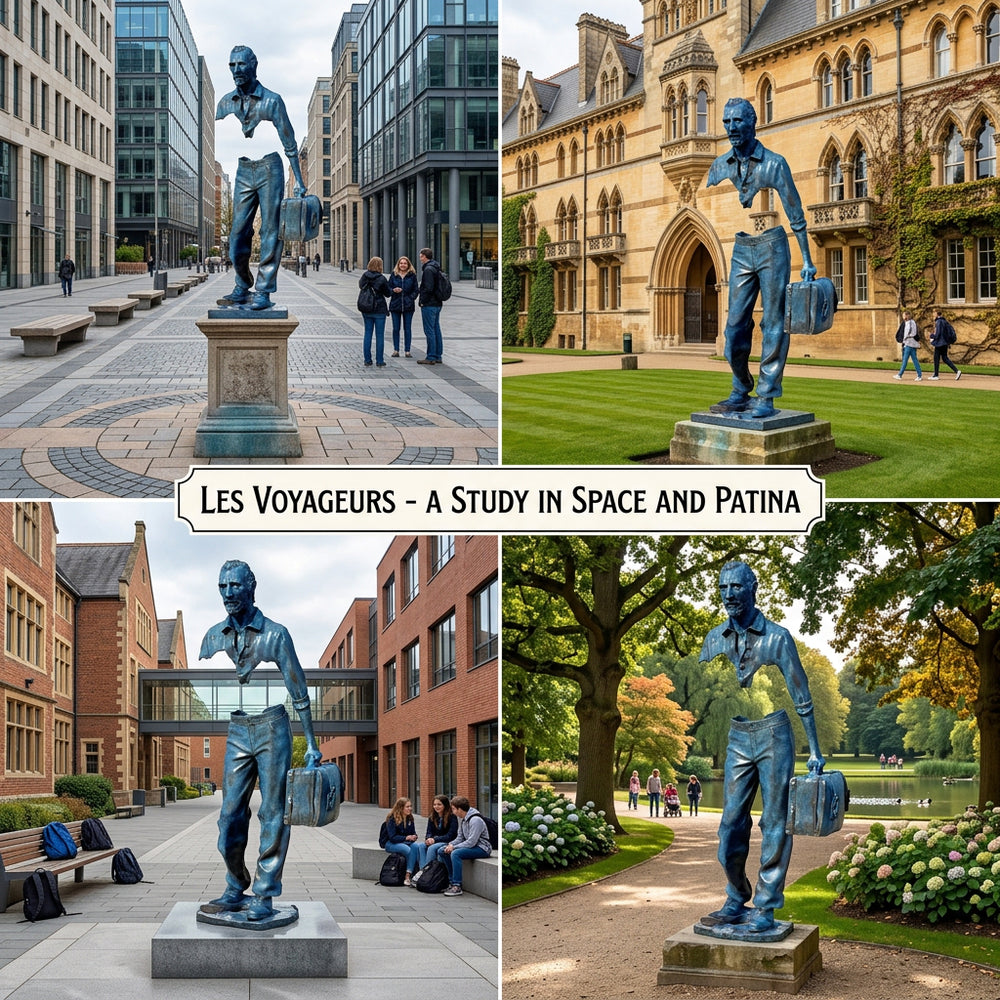 Collage of a statue titled 'Les Voyageurs' in various urban settings.
