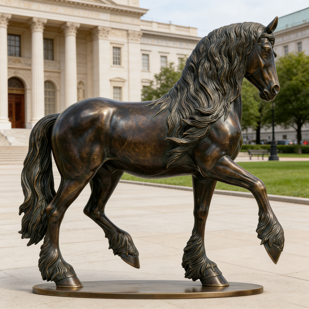 Bronze horse statue in front of a classical building
Realistic bronze horse artwork featuring a prancing stance and polished finish
