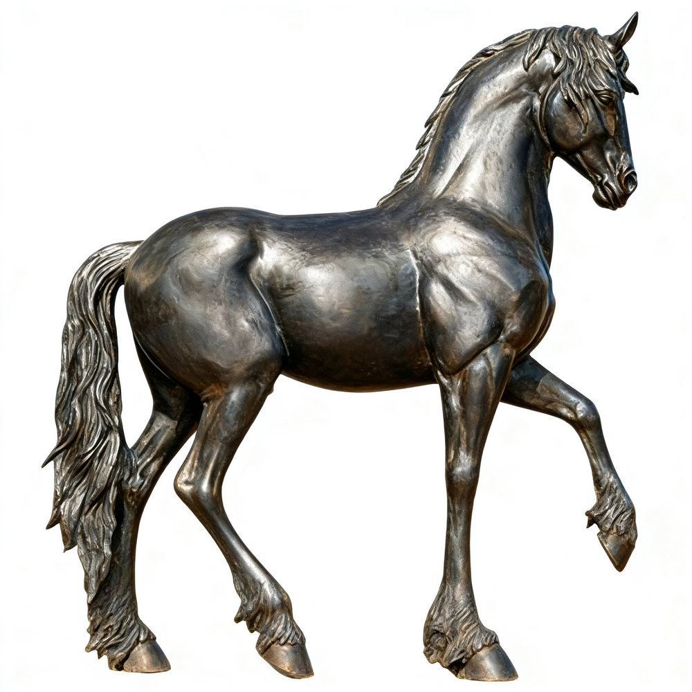 Detailed bronze prancing horse figure with polished surface and natural stance