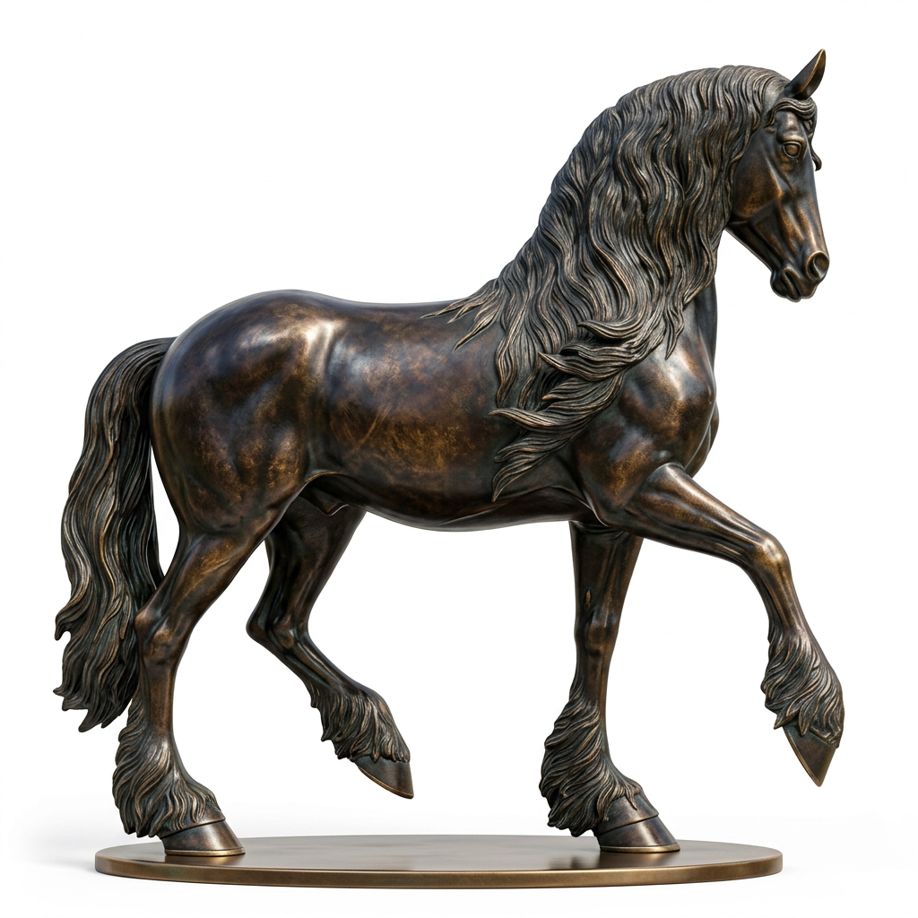 Metallic horse statue in a dynamic pose with flowing mane and textured tail