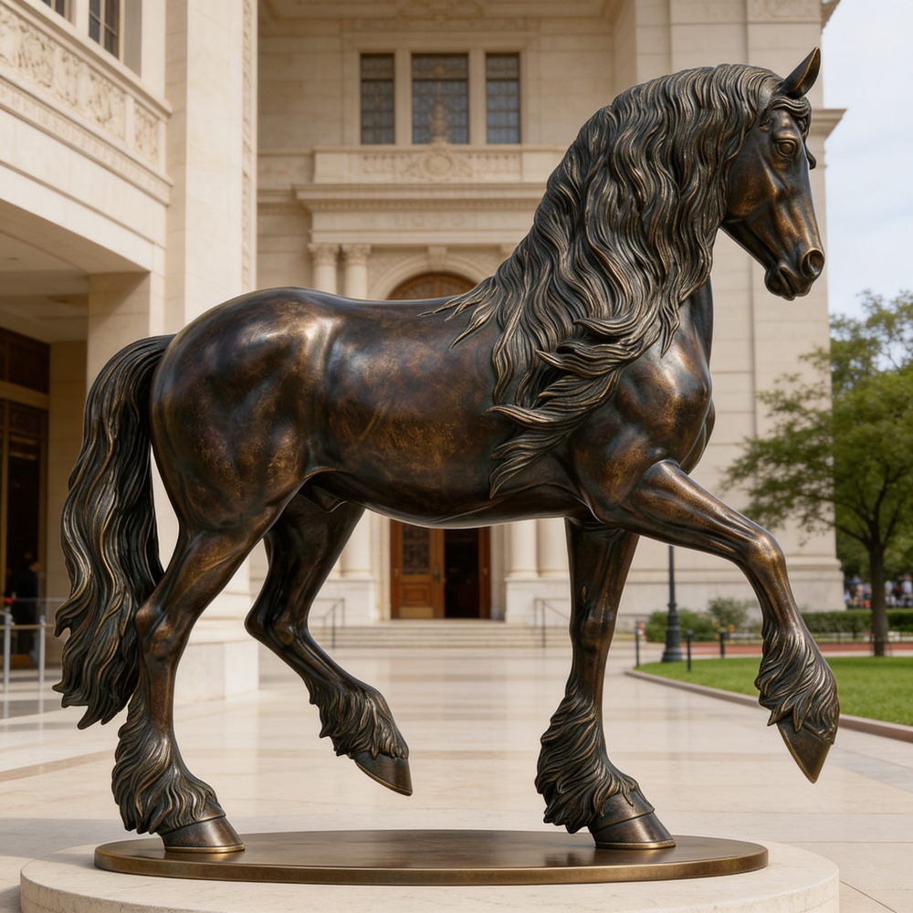 Polished bronze horse figure standing on a circular base in a prancing pose