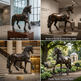 Collage of a bronze horse statue in different settings: lobby, exhibition hall, staircase, and garden path.
Metal horse artwork with realistic proportions and a graceful prancing posture