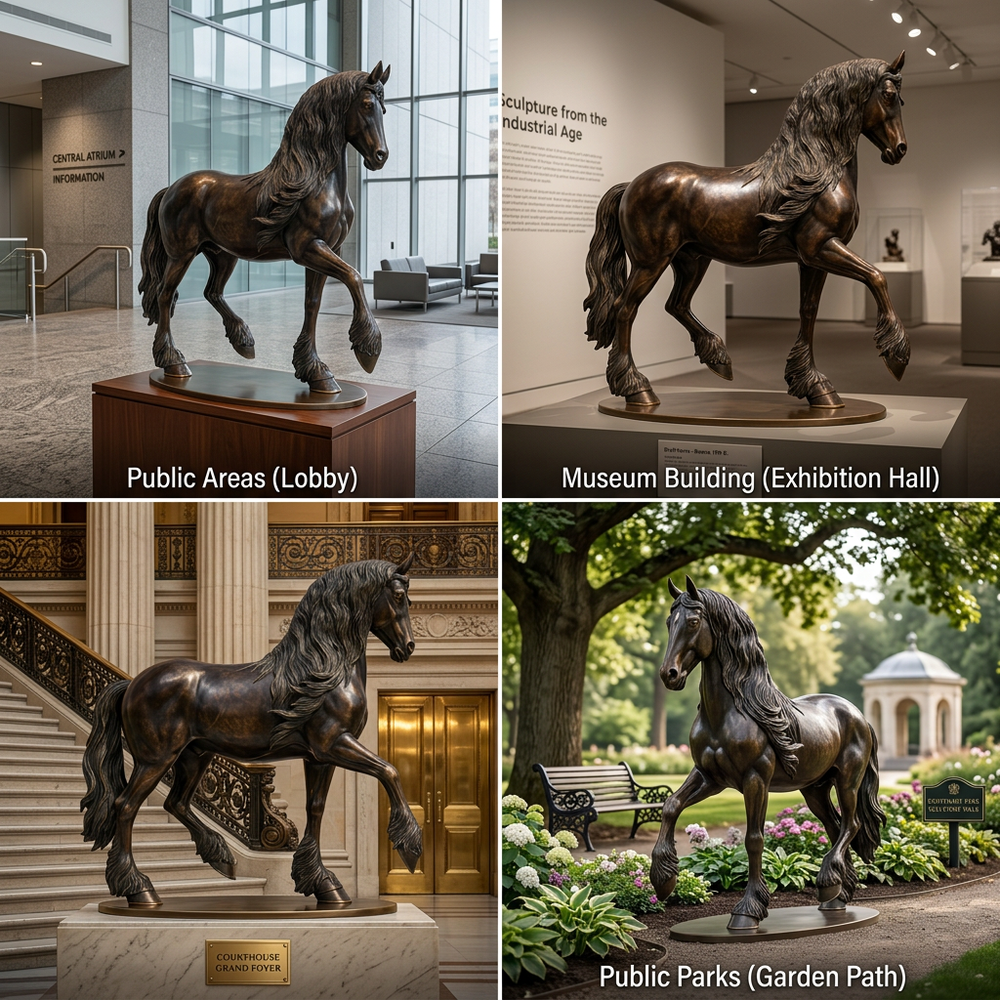 Collage of a bronze horse statue in different settings: lobby, exhibition hall, staircase, and garden path.
Metal horse artwork with realistic proportions and a graceful prancing posture