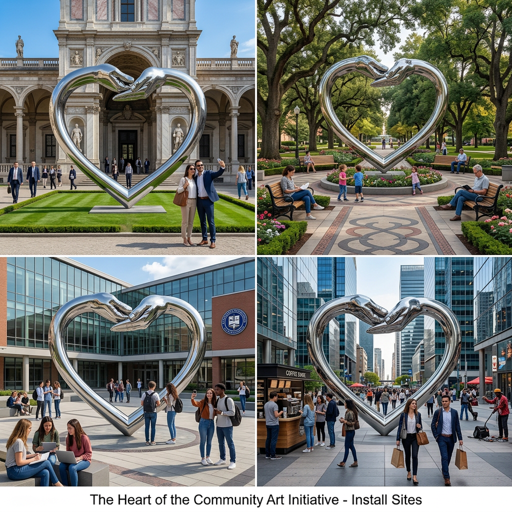 Outdoor metal sculpture depicting a heart shape formed by two upward‑reaching hands
