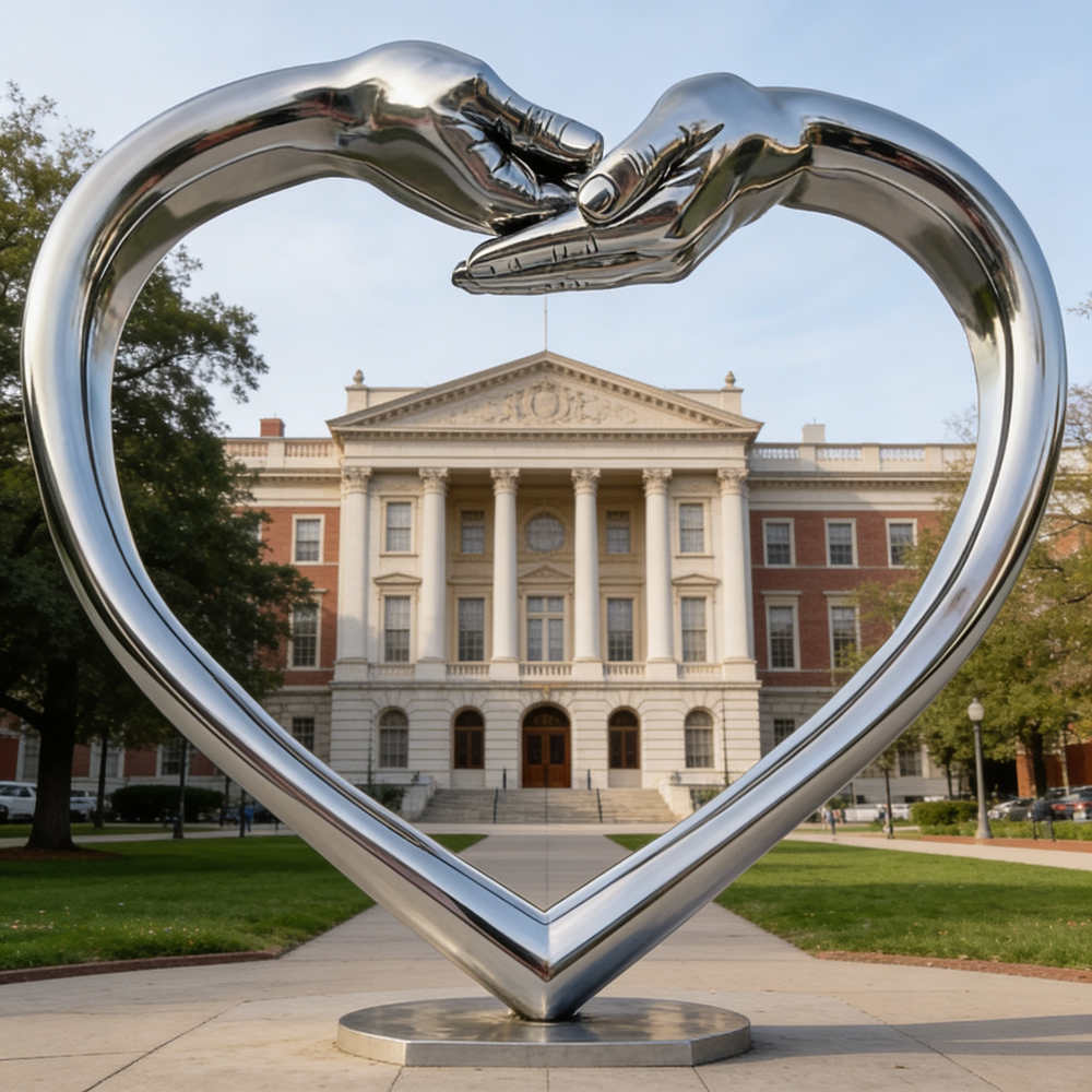 Large metallic heart sculpture with interlocking hands, installed in front of a classical columned building.