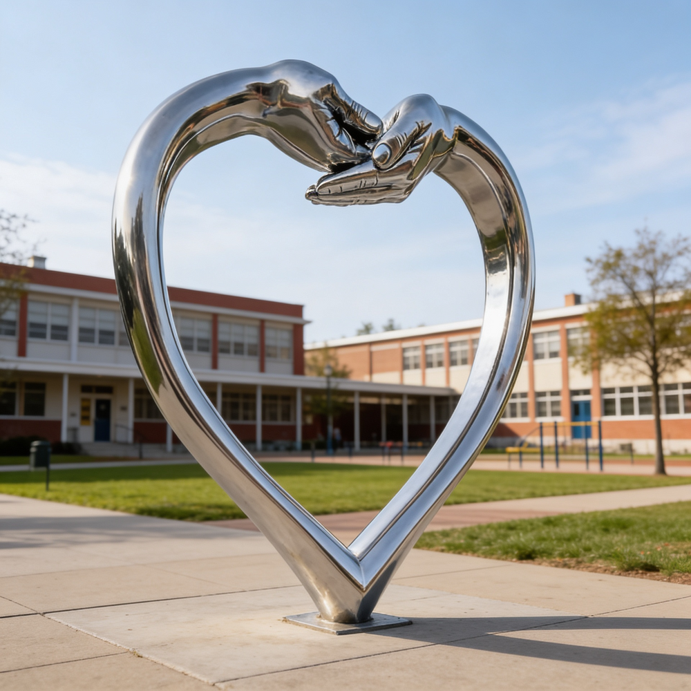 Metallic heart structure with sculpted hands meeting at the top, positioned in a landscaped courtyard