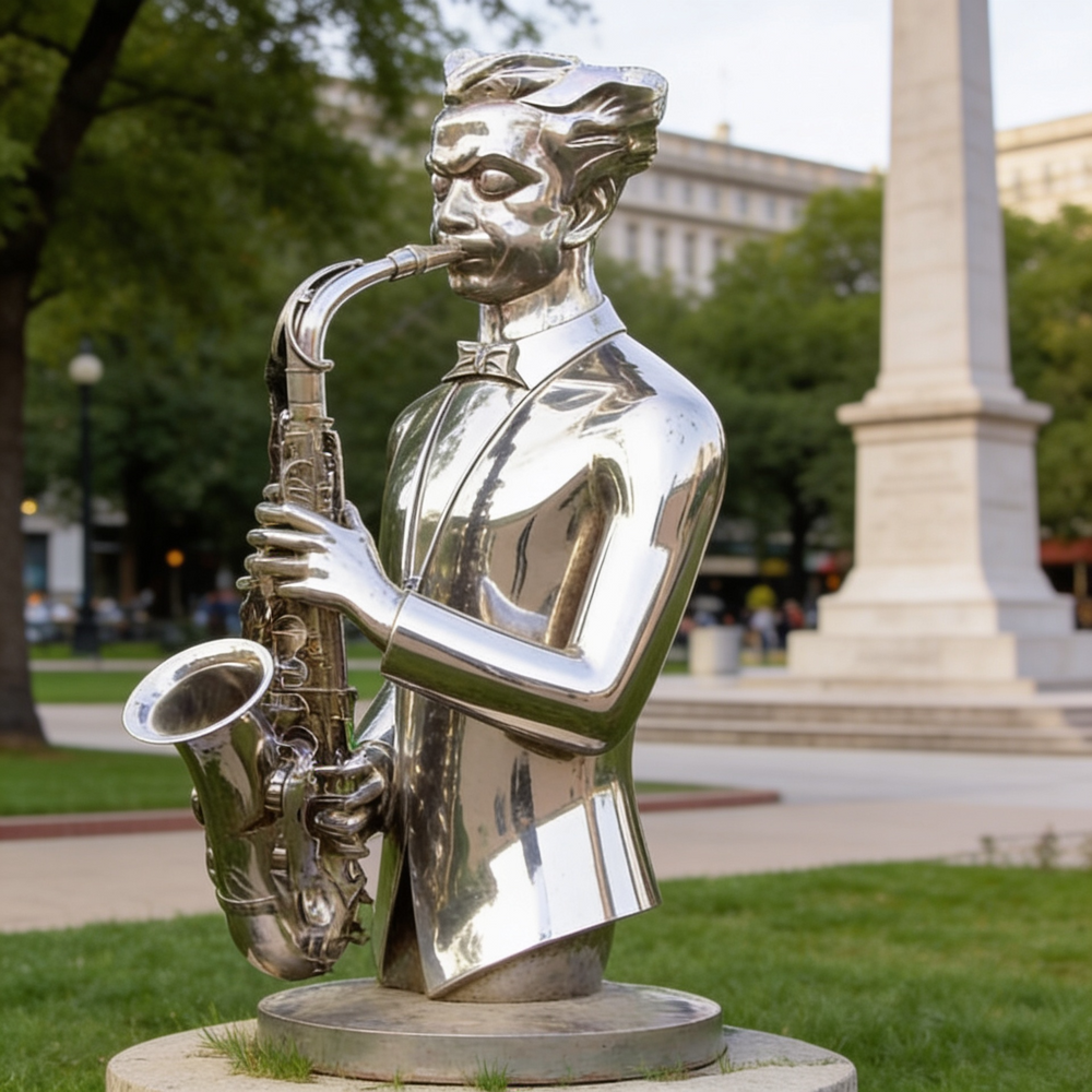 Statue of a person playing a saxophone in an urban park setting
