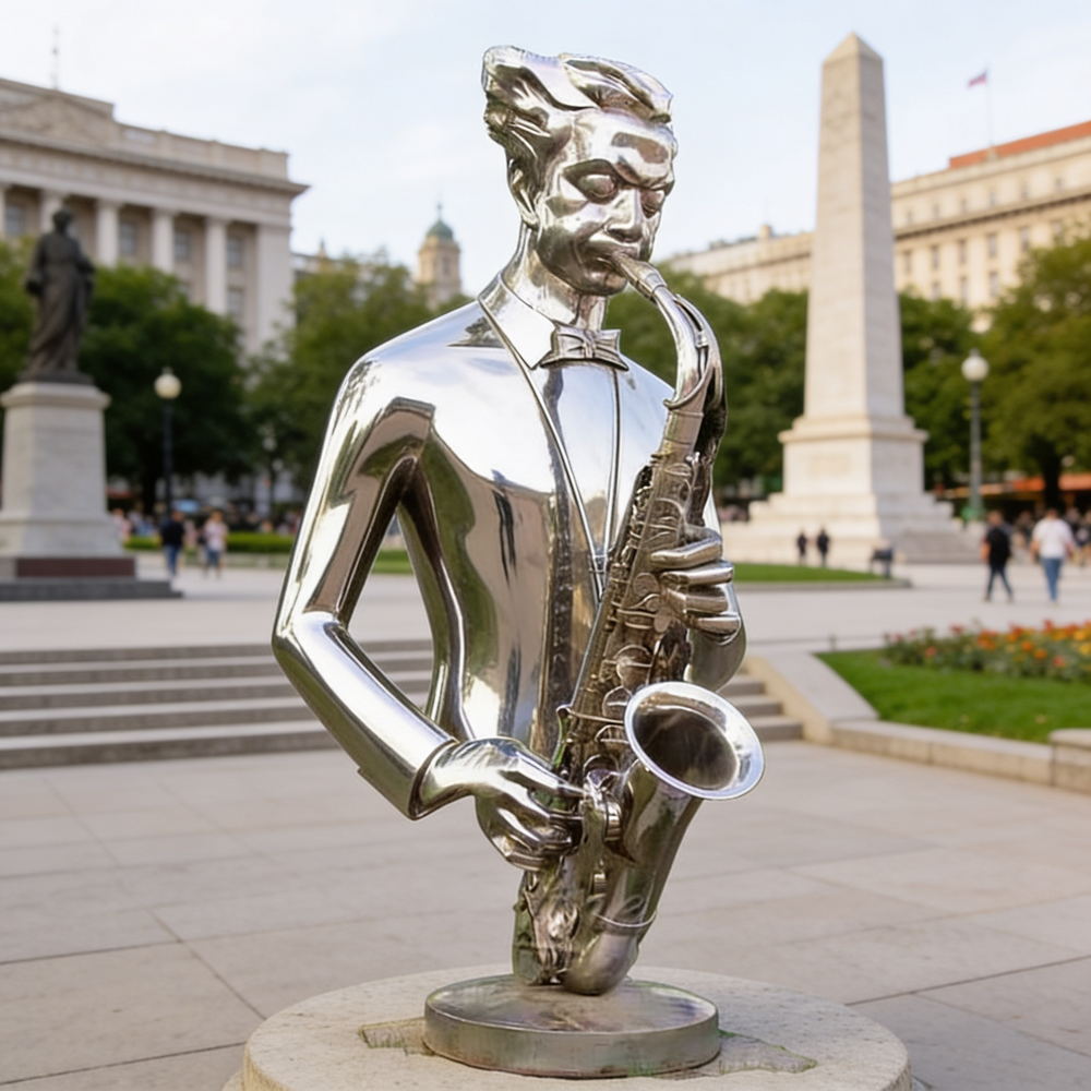 Outdoor metal sculpture of a saxophone player with floating head and hands in polished finish