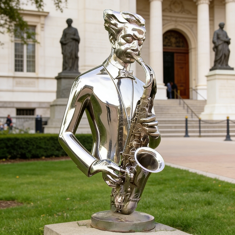 Contemporary abstract saxophone sculpture with mirrored surfaces and stylized human elements