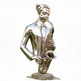 Polished metal sculpture of a stylized saxophone player with floating head and hands