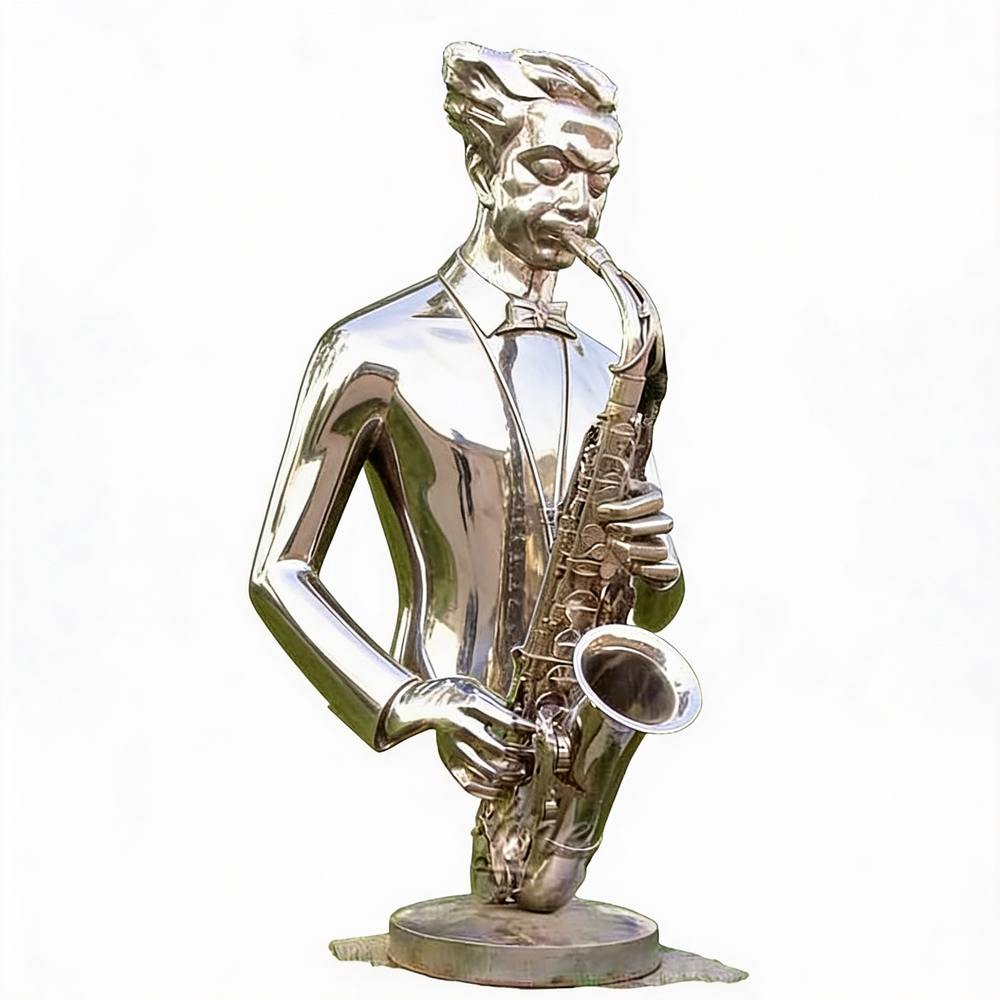 Polished metal sculpture of a stylized saxophone player with floating head and hands