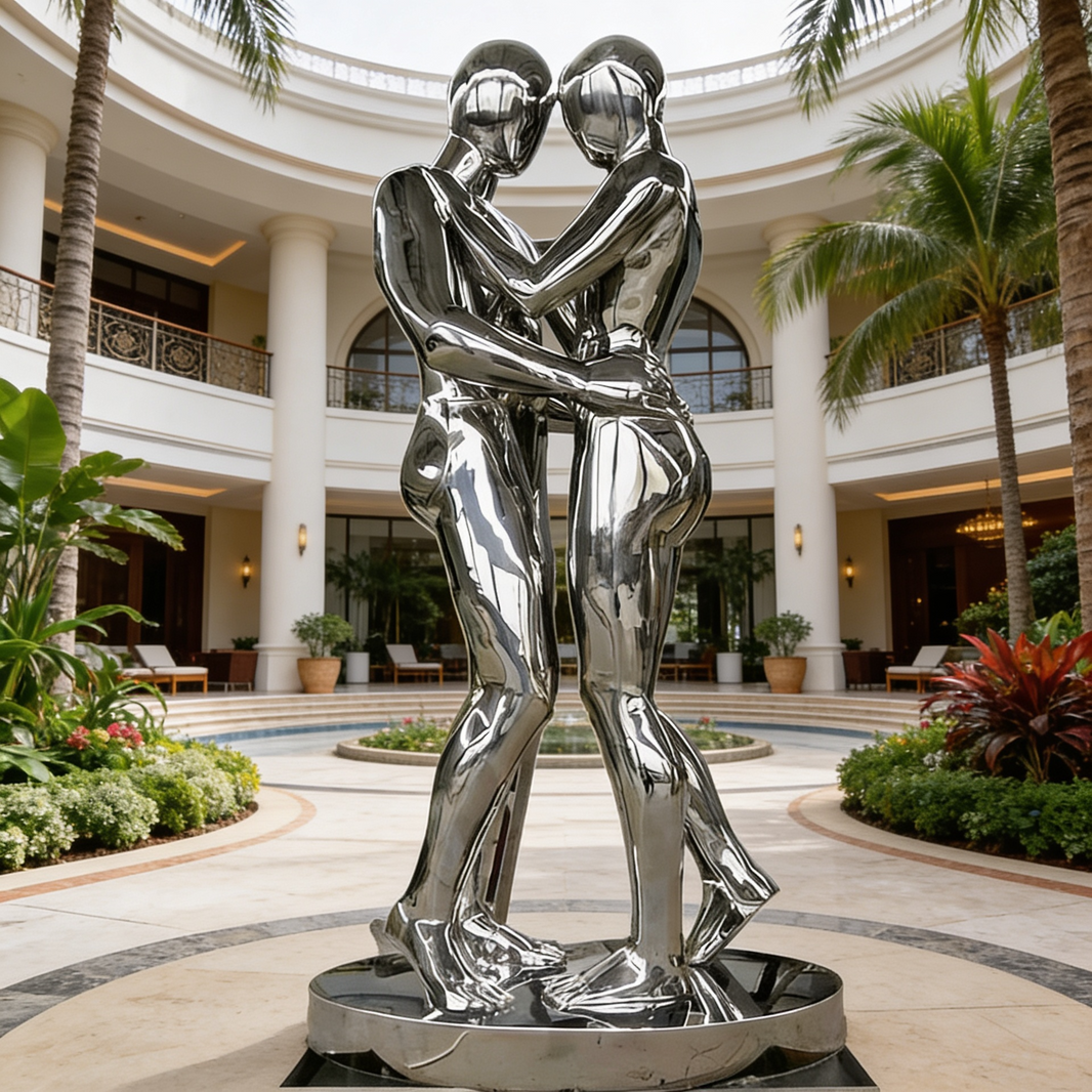 Polished Metal Embracing Couple Sculpture with Smooth Reflective Abstract Design – TAIMCO Model # MSC1319