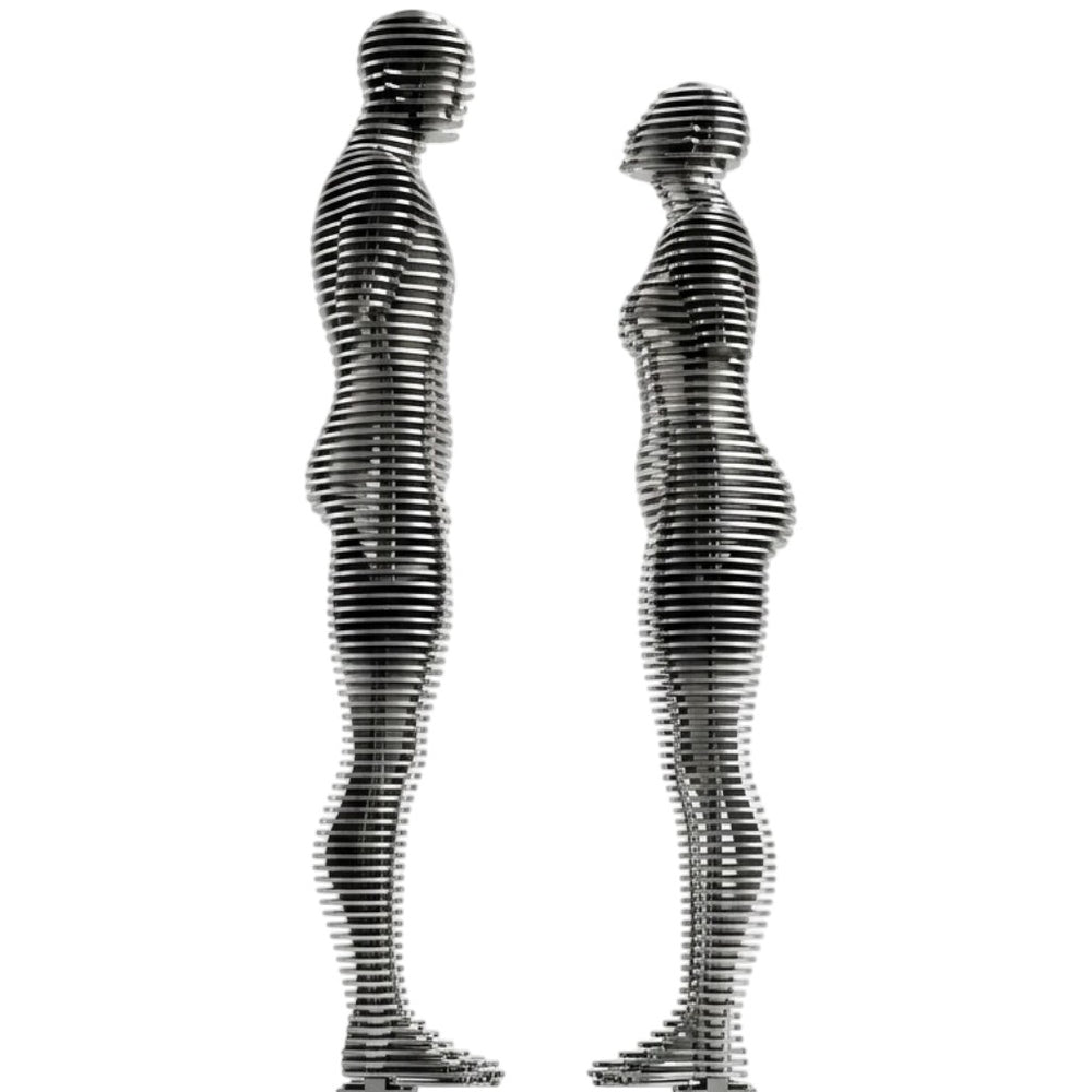 Contemporary metal artwork with hollow ring‑constructed human figures
