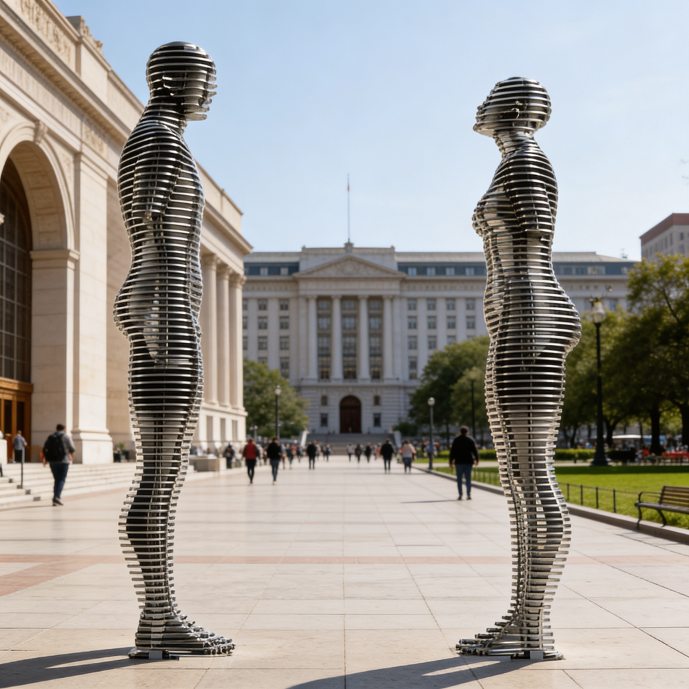 Two metallic sculptures of human figures in a public square with a building in the background.