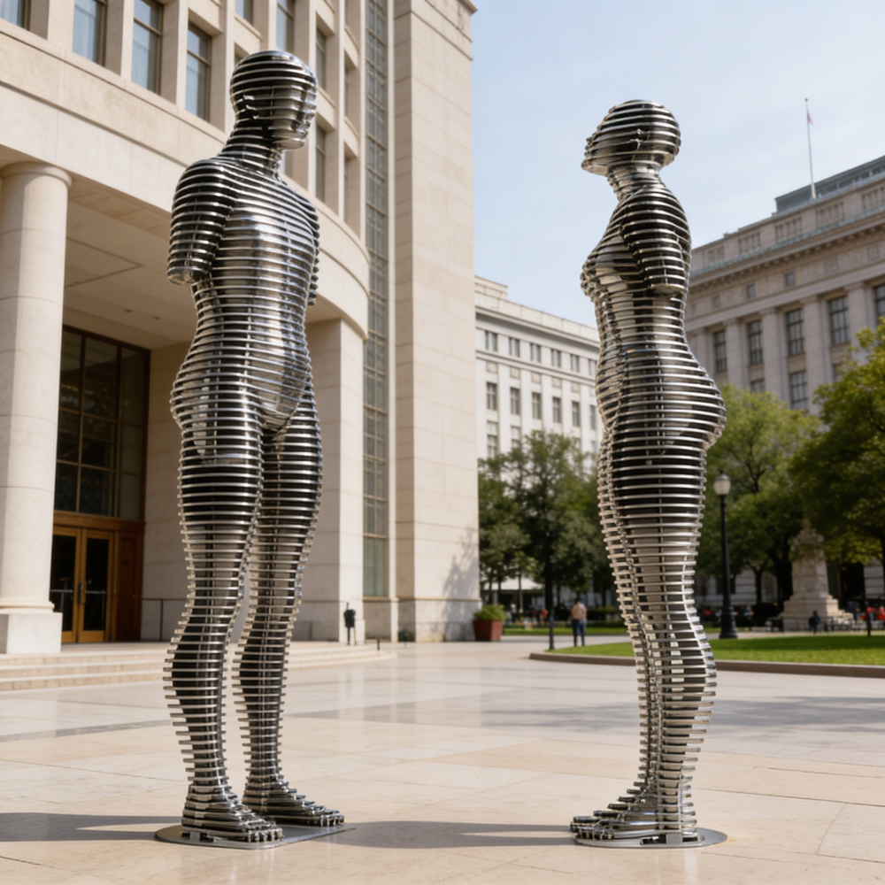 Sleek metallic artwork showing two stylized figures constructed from horizontal ring segments