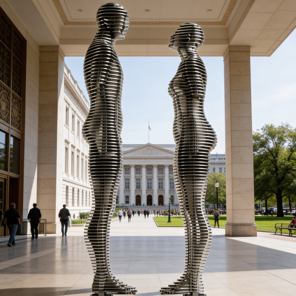 Reflective metallic artwork featuring ring‑layer human silhouettes facing each other