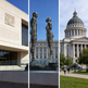 Three images: a building with a sculpture, a large sculpture of two people, and a capitol building.