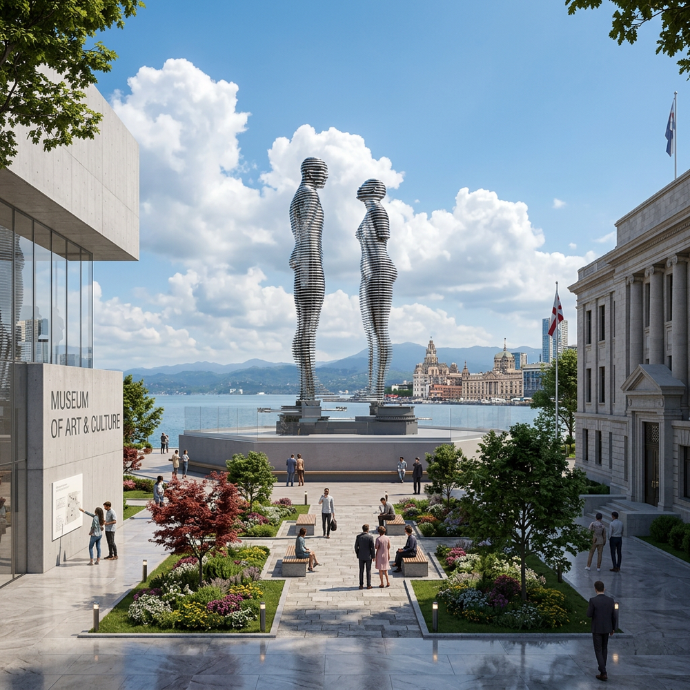 Abstract modern sculpture with open‑frame human figures made from circular metal rings
