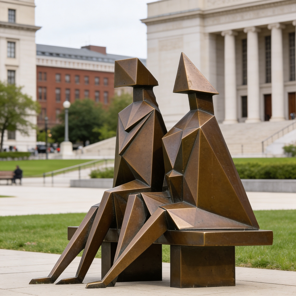 Bronze sculpture of two figures sitting on a bench in an outdoor setting with buildings in the background.
Modern faceted human‑figure sculpture with contrasting geometric head shapes