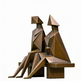Bronze sculpture of two abstract figures sitting on a bench
Abstract geometric figures sculpture with sharp faceted surfaces and metallic finish