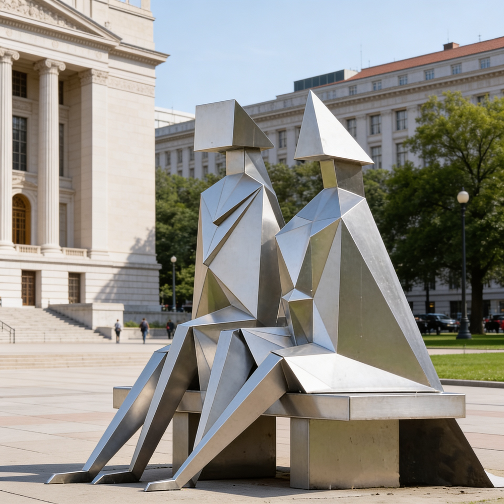 Faceted metal artwork featuring two stylized figures sitting side by side