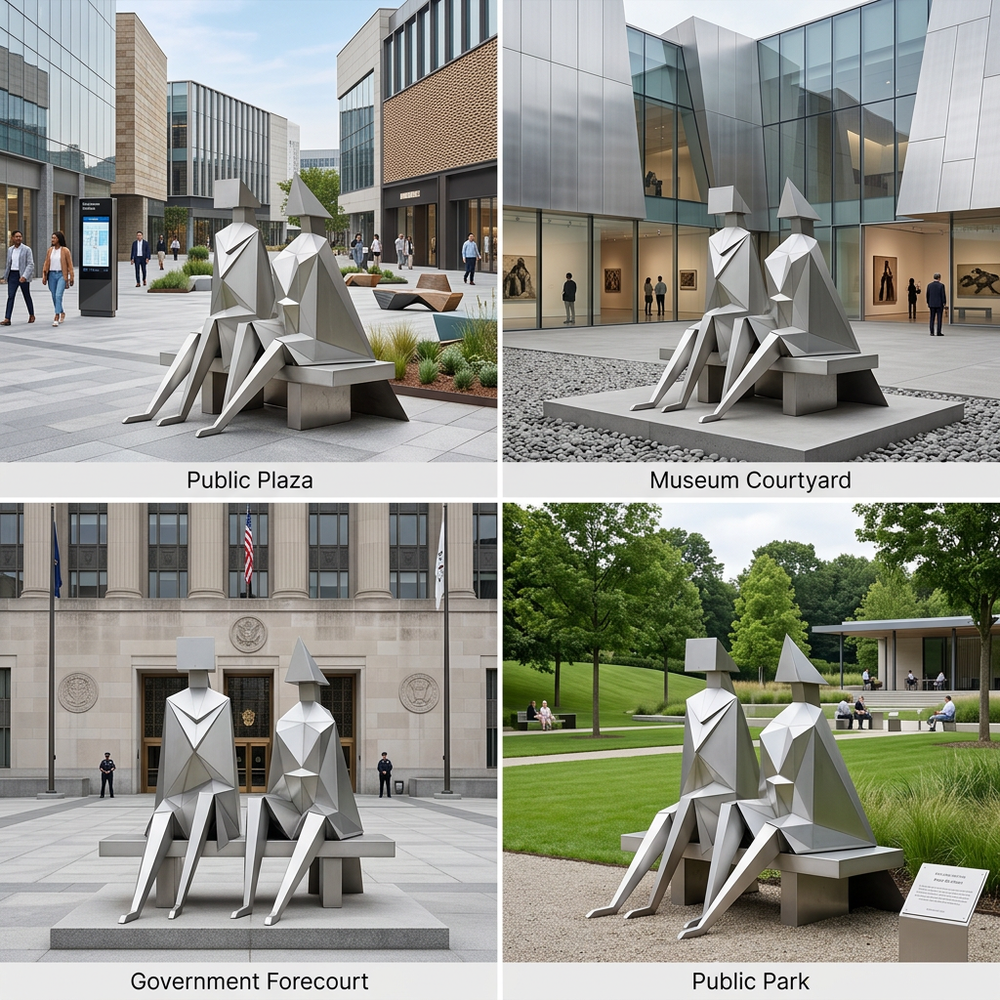 Collage of a modern sculpture in various outdoor settings including a public plaza, museum courtyard, government forecourt, and public park.
Modern bronze‑tone sculpture with angular human forms seated together