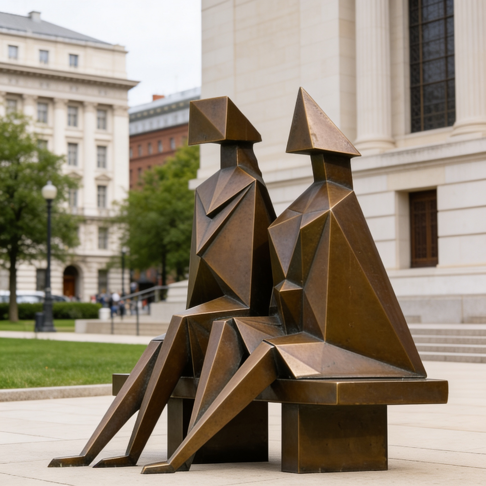 Abstract bronze sculpture of two figures on a pedestal in an urban setting
Contemporary metal artwork showing two seated figures with cubist‑style shapes