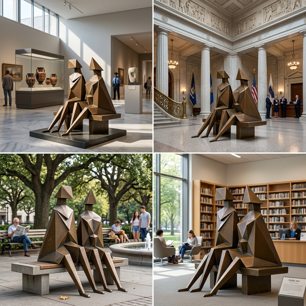 Collage of a bronze sculpture in various settings including a museum, courthouse, park, and library.