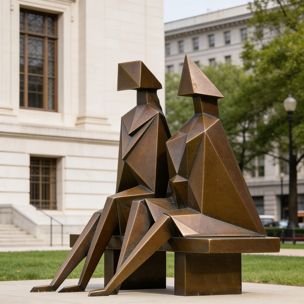 Bronze sculpture of two abstract figures on a bench in front of a building
Bronze sculpture of paired human silhouettes formed from angular geometric planes